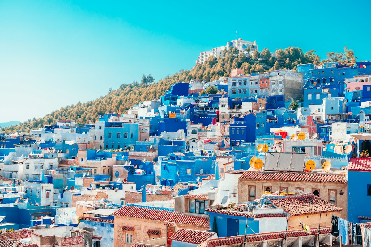 Blue-washed buildings and narrow alleyways in Chefchaouen, Morocco's famous Blue City